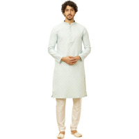 Manyavar Mens Blue Art Silk Self Design Kurta Pyjama Set