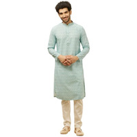 Manyavar Mens Green Blended Cotton Printed Kurta Pyjama Set