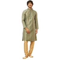 Manyavar Mens Blue Blended Cotton Self Design Kurta Pyjama Set