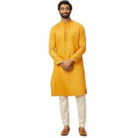 Manyavar Mustard Cotton Embroidery Kurta Pyjama Set