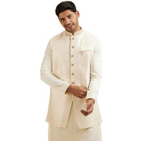 Manyavar Men's Art Silk Hand Embroidered Jacket Set (Cream,L)