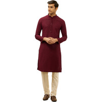 Manyavar Mens Maroon Viscose Chikankari Kurta Pyjama Set