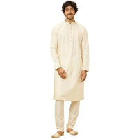 Manyavar Mens Cream Blended Viscose Self Design Kurta Pyjama Set