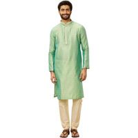 Manyavar Mens Green Art Silk Self Design Kurta Pyjama Set
