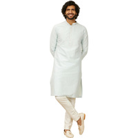 Manyavar Men's Viscose Blend Self Motifs Kurta Set (Light Blue,L)