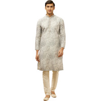 Manyavar Mens Grey Art Silk Printed Kurta Pyjama Set