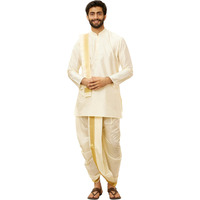 Manyavar Mens Cream Art Silk Solid Kurta Pancha Set