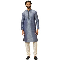 Manyavar Blue Art Silk Embroidery |Stone Work Kurta Pyjama Set