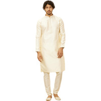 Manyavar Mens Cream Art Silk Self Design Kurta Pyjama Set (Xxl)