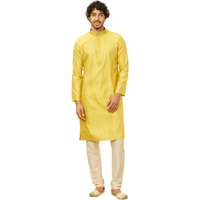 Manyavar Mens Mustard Blended Viscose Self Design Kurta Pyjama Set (L)