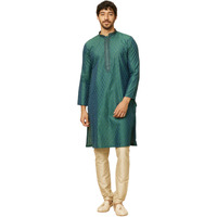 Manyavar Mens Green Blended Viscose Self Design Kurta Pyjama Set