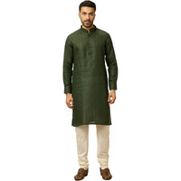 Manyavar Green Linen Plain Kurtas