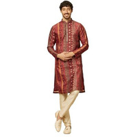 Manyavar Mens Rust Art Silk Printed Kurta Pyjama Set
