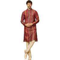 Manyavar Mens Rust Art Silk Printed Kurta Pyjama Set
