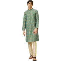 Manyavar Mens Green Art Silk Printed Kurta Pyjama Set