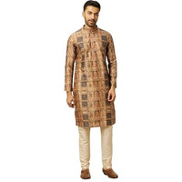 Manyavar Fawn Art Silk Digital Print | Embroidery Kurta Pyjama Set