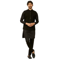 Manyavar Black Blended Rayon Solid Jackets For Men