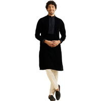 Manyavar Men's Velvet Neckline Embroidered Kurta Set (Dark Blue,L)