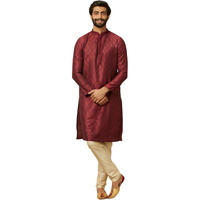 Manyavar Maroon Art Silk Embroidery | Self Texture Kurta Pyjama Set