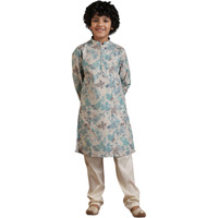 Manyavar Aqua Green Blended Linen Digital Print Kurta Pyjama Set For Child(8-10 Years)