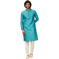 Manyavar Turquoise Blue Blended Viscose Embroidery|Stone Work Kurta Pyjama Set For Men