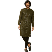 Manyavar Men's Viscose Chikankari Sequined Kurta Set (Olive Green,M)