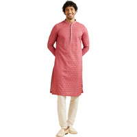 Manyavar Men's Art Silk Jaal Patterned Kurta Set With Rhinestones (Pink,M)