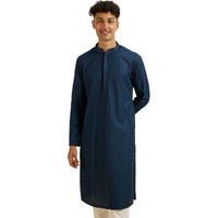 Manyavar Men's Georgette Chikankari Kurta Pyjama Set (Blue,L)