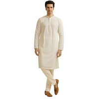 Manyavar Men's Georgette Embroidered Zari Kurta Pyjama Set (Cream,Xl)