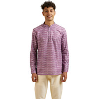 Manyavar Men's Cotton Blend Floral Print Short Kurta (Purple,L)
