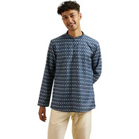 Manyavar Men's Cotton Blend Digital Print Short Kurta (Blue,M)