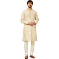 Manyavar Beige Blended Cotton Printed|Embroidery|Zari Kurta Pyjama Set For Men