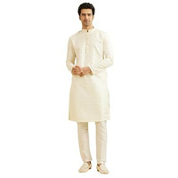 Manyavar Men's Art Silk Embroidered | Sequined Kurta Pyjama Set (Cream,L)