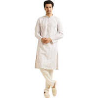 Manyavar Men's Cotton Blend Floral Print & Chikankari Kurta Set (Pink,M)