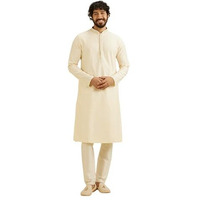 Manyavar Men's Viscose Blend Embroidered & Embellished Kurta Set (Cream,L)