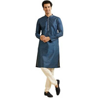 Manyavar Men's Art Silk Lattice Patterned Kurta Set (Dark Blue,L)
