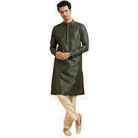Manyavar Men's Art Silk Lattice Patterned Kurta Set (Dark Green,Xl)