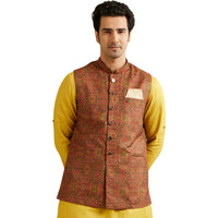 Manyavar Men's Viscose Blend Aztec Print Jacket (Rust,L)