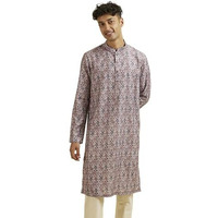 Manyavar Men's Cotton Blend Digital Print Long Kurta (Peach,Xl)