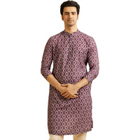 Manyavar Men's Cotton Blend Digital Print Long Kurta (Wine,Xl)
