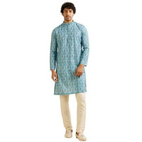 Manyavar Men's Cotton Blend Digital Print Kurta (Turquoise Blue,Xxl)