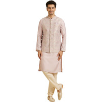 Manyavar Men's Brocade Intricate Floral Print Kurta Jacket Set (Pink,S)