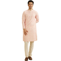 Manyavar Men's Cotton Blend Chikankari Printed Kurta Set (Pink,Xl)