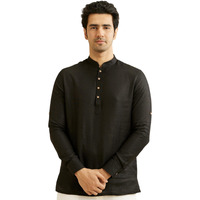 Manyavar Men's Linen Solid Short Kurta (Black,L)