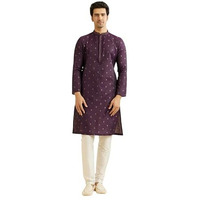 Manyavar Men's Art Silk Thread Work| Self Design Kurta Pyjama Set (Purple,L)