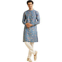 Manyavar Men's Viscose Blend Floral Print Kurta (Mid Blue,M)