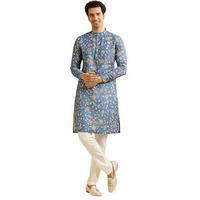 Manyavar Men's Viscose Blend Floral Print Kurta (Mid Blue,L)