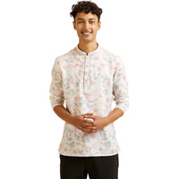 Manyavar Men's Cotton Blend Printed Short Kurta (Warm White,Xl)