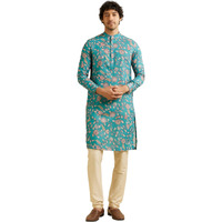 Manyavar Men's Viscose Blend Floral Print Kurta (Turquoise Blue,L)