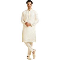 Manyavar Men's Art Silk Embroidery Mirror Work Kurta Set (Warm White,M)